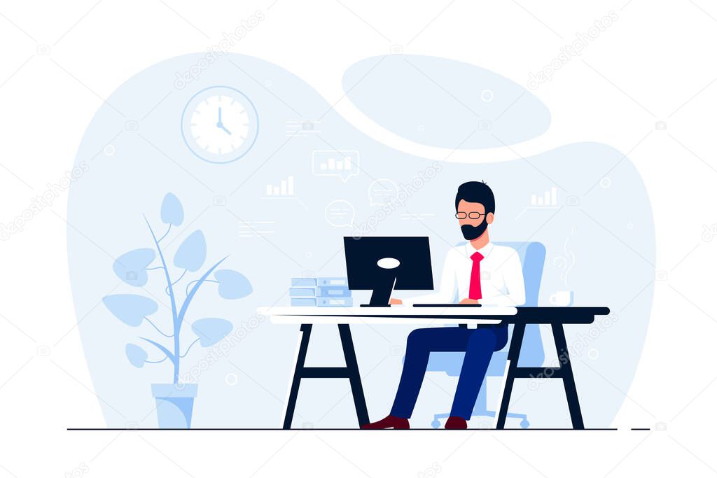 Young business man working on computer at the desk in office. Flat style illustration