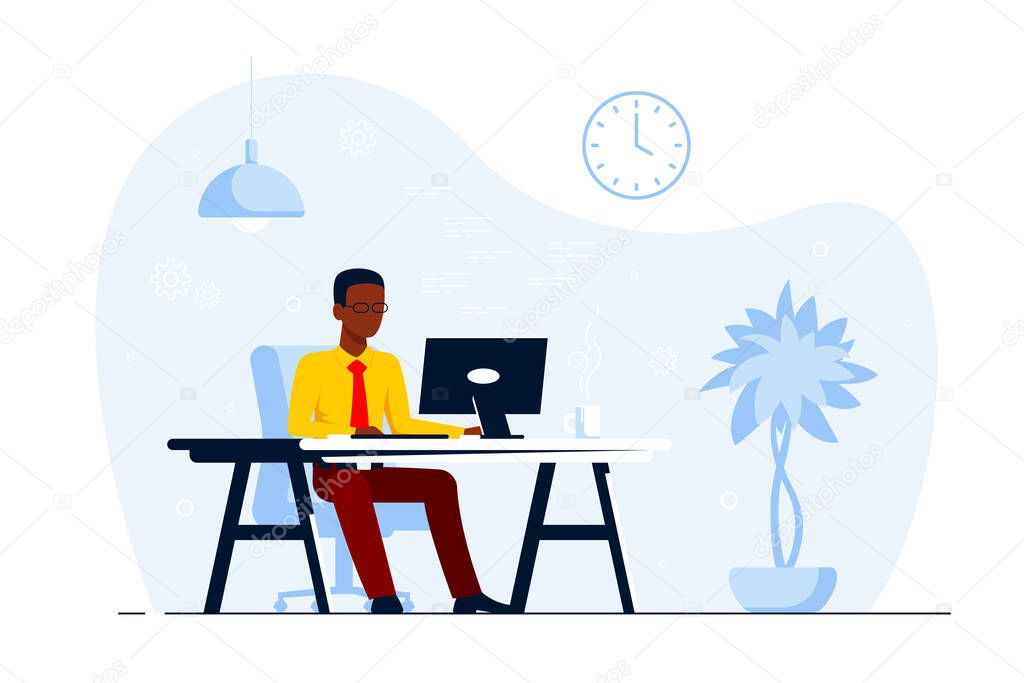 Young black business man working on computer at the desk in office. Flat style illustration