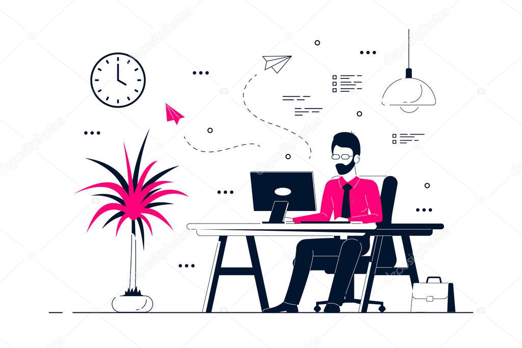 Young business man working on computer at the desk in office. Flat style line art illustration