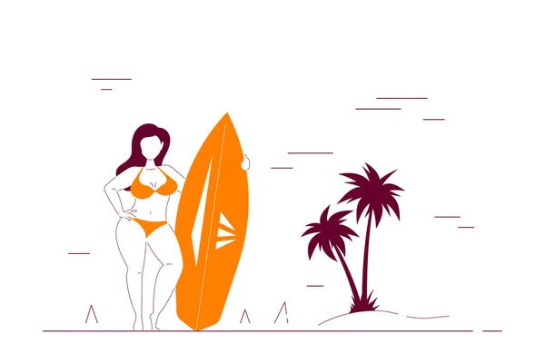 Привлекательная Женщина Плюс Размер Пляже Доской Серфинга Летнее Женское Тело — стоковый вектор