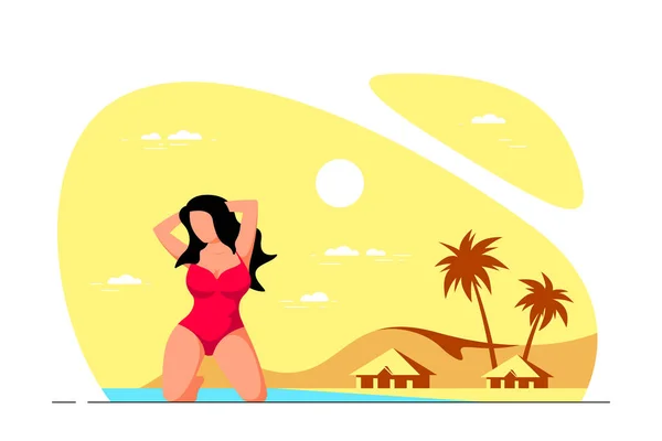 Тело Положительное Плюс Женщина Размера Позирующая Коленях Пляже Летний Отдых — стоковый вектор