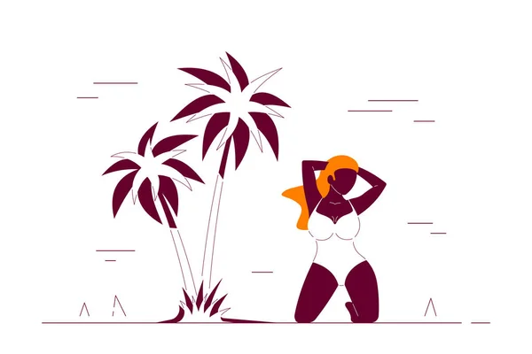 Kroppspositiv Storlek Svart Afrikansk Amerikansk Kvinna Poserar Knä Stranden Sommar — Stock vektor