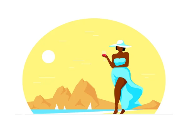 迷人的优雅加上身材魁梧的非洲裔美国女人带着酒杯在海滩上散步 体格积极 自我接纳 旅游及旅游理念 平面样式矢量图解 — 图库矢量图片