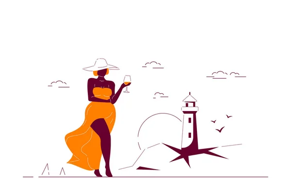 迷人的优雅加上身材魁梧的非洲裔美国女人带着酒杯在海滩上散步 体格积极 自我接纳 旅游及旅游理念 平面风格线条艺术矢量插图 — 图库矢量图片