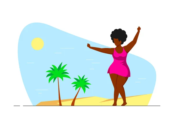 Mulher Negra Atraente Além Dança Tamanho Praia Corpo Positivo Conceito — Vetor de Stock