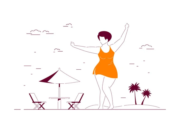 Привлекательная Женщина Плюс Размер Купальника Танцующего Пляже Тело Позитивное Концепция — стоковый вектор
