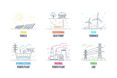 Set of energy types logo templates, icon design. Green energy, renewable energy sources, power production and supply concept.  clipart
