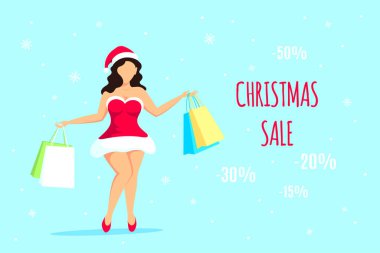 Elinde alışveriş torbaları olan Kafkas Noel Baba kızı. Alışveriş yapan kadın. Noel indirimi afişi. Düz bir tarzda kadın artı boyut.