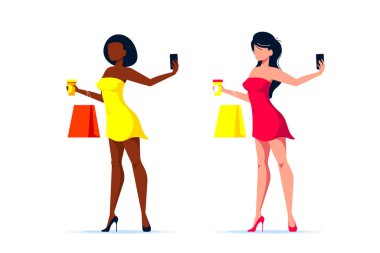 Genç ve seksi siyah ya da beyaz kadın akıllı telefonlu selfie çekiyor, düz stil sanat çizgisi illüstrasyonu