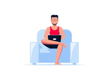 Caucasian man sitting in chair and working on computer. Remote working, home office, self isolation concept. Flat style illustration, isolated on white background. clipart
