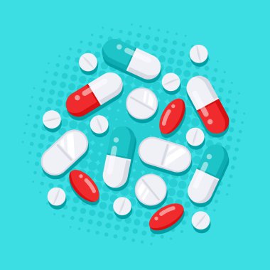 İlaçlı düz stil pankart tasarımı. Haplar, kapsüller, ağrı kesiciler, antibiyotikler, vitaminler. Tıbbi veya sağlık hizmetleri sunumu, web siteleri ve şablon tasarımı için vektör illüstrasyonu