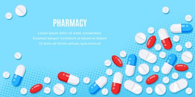İlaçlı düz stil pankart tasarımı. Haplar, kapsüller, ağrı kesiciler, antibiyotikler, vitaminler. Tıbbi veya sağlık hizmetleri sunumu, web siteleri ve şablon tasarımı için vektör illüstrasyonu