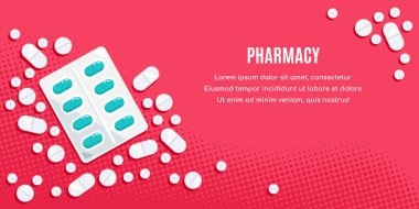 İlaçlı düz stil pankart tasarımı. Haplar, kapsüller, ağrı kesiciler, antibiyotikler, vitaminler. Tıbbi veya sağlık hizmetleri sunumu, web siteleri ve şablon tasarımı için vektör illüstrasyonu