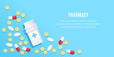 İlaçlı düz stil pankart tasarımı. Haplar, kapsüller, ağrı kesiciler, antibiyotikler, vitaminler ve küçük şişeler. Tıbbi veya sağlık hizmetleri sunumu, web siteleri ve şablon tasarımı için vektör illüstrasyonu
