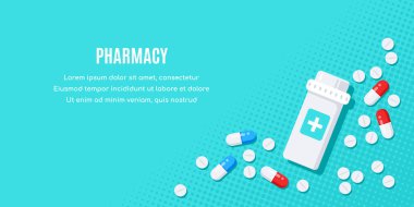 İlaçlı düz stil pankart tasarımı. Haplar, kapsüller, ağrı kesiciler, antibiyotikler, vitaminler ve küçük şişeler. Tıbbi veya sağlık hizmetleri sunumu, web siteleri ve şablon tasarımı için vektör illüstrasyonu