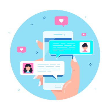 Akıllı telefonu tutan kadın, online sohbet baloncukları. Cep telefonu kurye konsepti, internet teknolojileri afiş tasarımı. Düz biçim vektör illüstrasyonu