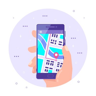 Erkek, elinde harita ve ekranında GPS olan akıllı bir telefon tutuyor. Çevrimdışı haritalar ve GPS konumlandırma, mobil navigasyon konsepti pankart tasarımı. Düz biçim illüstrasyonu.
