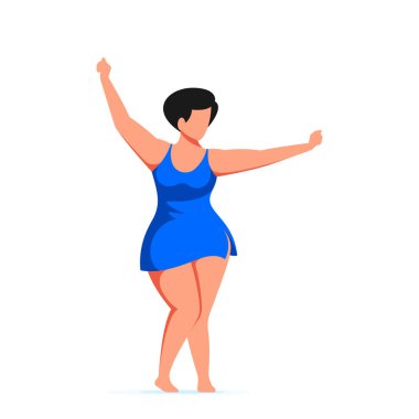 Çekici bir kadın ve mayo içinde dans eden bir beden. Vücut pozitifliği, yaz plajı partisi konsepti. Düz biçim vektör çizimi beyaz arkaplanda izole edildi