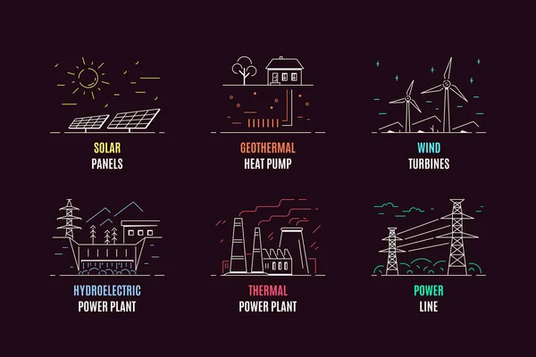 Набор Энергетических Типов Шаблонов Логотипов Иконка Дизайна Зеленая Энергия Возобновляемые — стоковый вектор