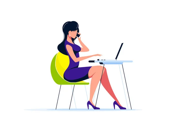 Joven Mujer Negocios Trabajando Portátil Escritorio Oficina Ilustración Estilo Plano — Vector de stock