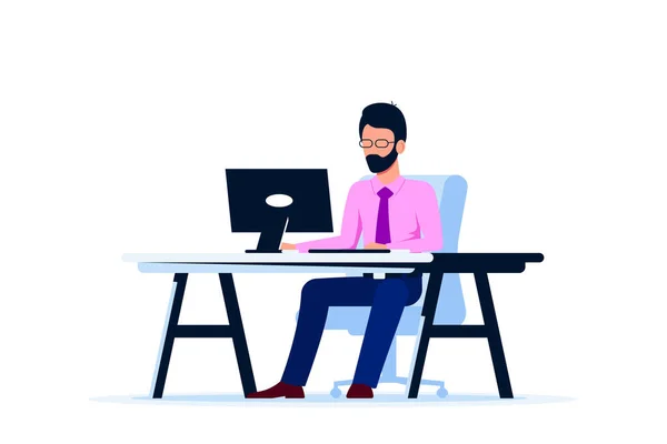 Caucasian Business Man Working Computer Desk Flat Style Illustration Isolated — Stock Vector