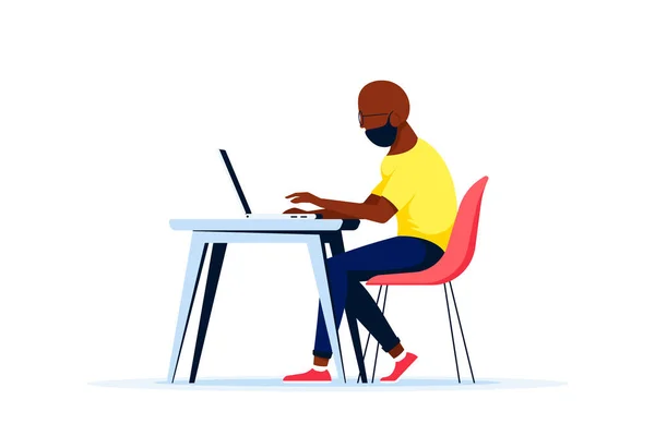 Young Black Man Working Laptop Desk Flat Style Illustration Isolated — Stock Vector