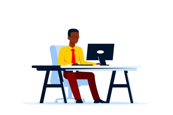 Black Business Man Working Computer Desk Flat Style Illustration Isolated — Stock Vector