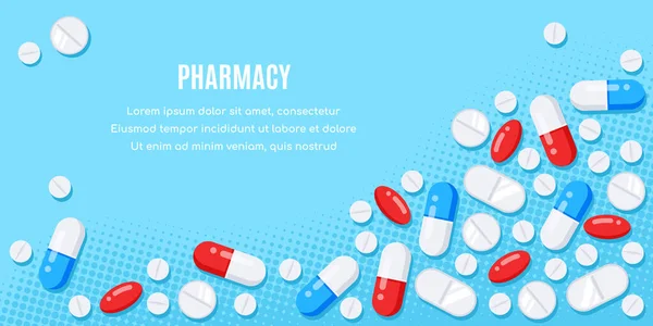 Design Banner Stile Piatto Con Medicinali Compresse Capsule Farmaci Antidolorifici — Vettoriale Stock