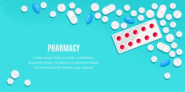 Плоский Дизайн Баннера Лекарствами Таблетки Капсулы Обезболивающие Антибиотики Витамины Векторная — стоковый вектор