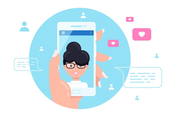 Smartphone Mano Humana Con Personaje Femenino Pantalla Videollamada Video Chat — Vector de stock