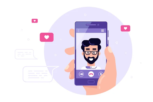 Lidská Ruka Drží Smartphone Mužským Znakem Obrazovce Video Hovor Line — Stockový vektor