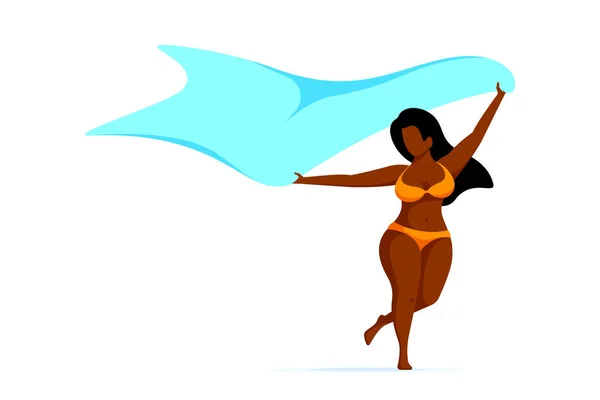Corpo Positivo Size Donna Afroamericana Nera Esecuzione Con Sciarpa Vacanze — Vettoriale Stock