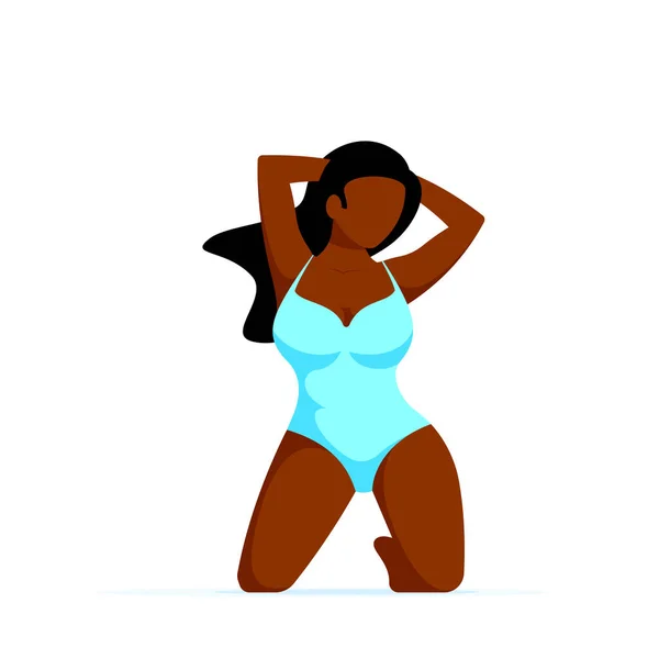 Тело Положительное Плюс Размер Привлекательный Африканская Американка Купальнике Позируя Коленях — стоковый вектор