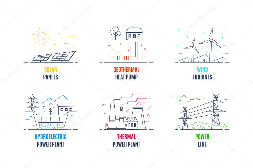 Set of energy types logo templates, icon design. Green energy, renewable energy sources, power production and supply concept. 