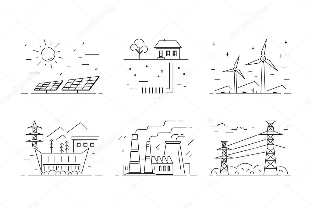 Set of energy types logo templates, icon design. Green energy, renewable energy sources, power production and supply concept.