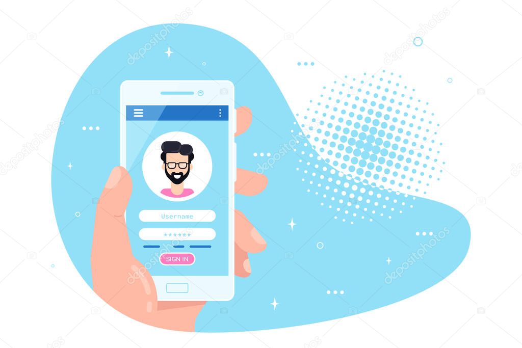 Male hand holding smartphone with login and password form page on screen. Sign in to account, user authorization, login authentication page concept. Username, password fields. Flat design illustration