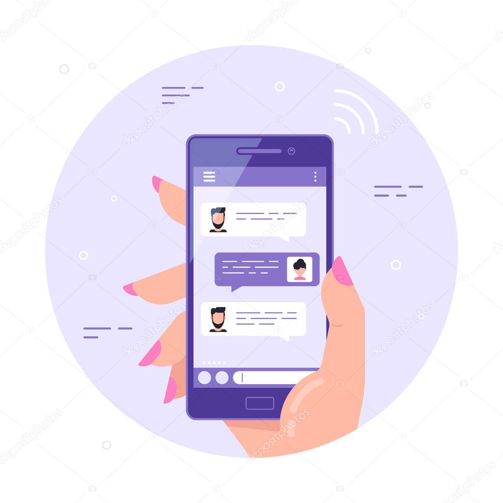 Female hand holding smartphone, online chatting speech bubbles. Mobile phone messenger concept, Internet technologies banner design. Flat style vector illustration