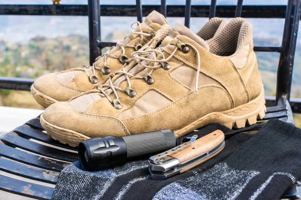 Trecking Hiking Equipment Boots Socks Folding Knife Flashlight Stock Photo — Stock Photo, Image