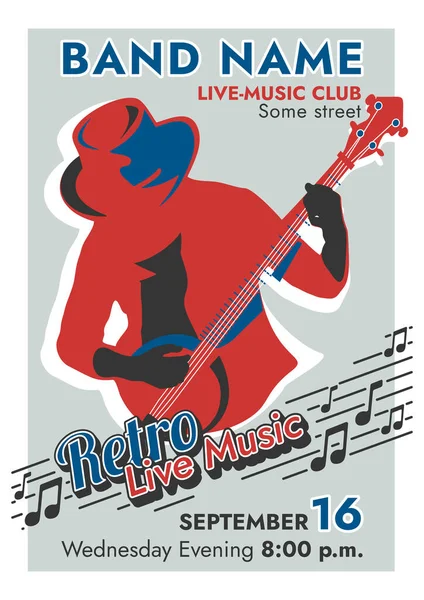 Retro Live Music Posteri Banço Gitar Çalan Bir Adamın Kırmızı — Stok Vektör