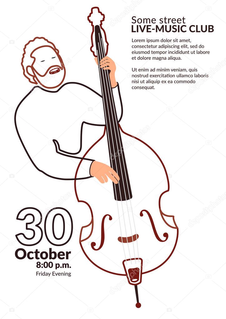 Line art vector poster for a music event or music class. Double bass player poster design - less inc style. Light eco-friendly design of promo materials for a concert or cultural event. Bearded man sings and plays contrabass.