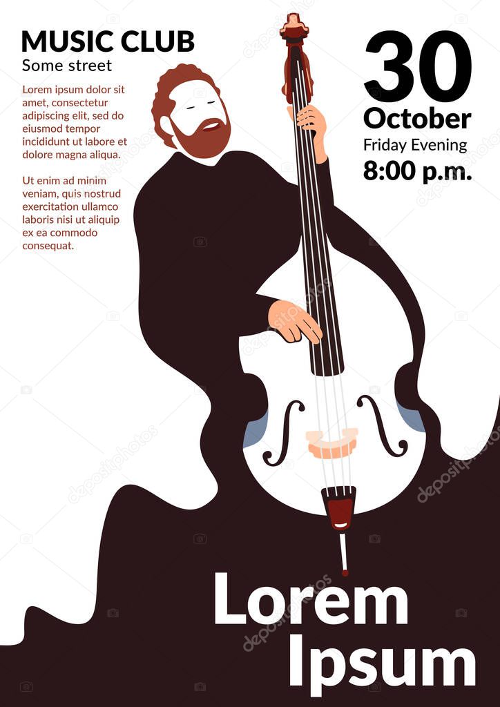 A vector poster depicting a bearded man singing and playing the double bass. Promo for a concert or musical evening in flat style. Easy-to-edit music event promotional material template. Stylized contrabass.