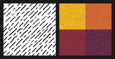 Kusursuz desenli, siyah beyaz çizgili eğimli çizgiler. Kumaşlar, baskılar ve arka planlar için pürüzsüz doku - çeşitli renk varyasyonlarında el çizimi kısa çizgili çizgiler.