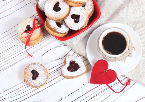 Kopp Kaffe Och Kex Formad Hjärta — Stockfoto