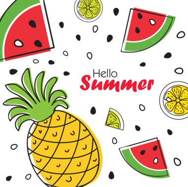 Yaz parlak meyve arka plan ananas, portakal ve karpuz dilimleri ile