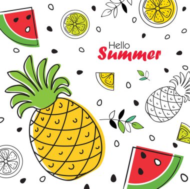 Yaz parlak meyve arka plan ananas, portakal ve karpuz dilimleri ile
