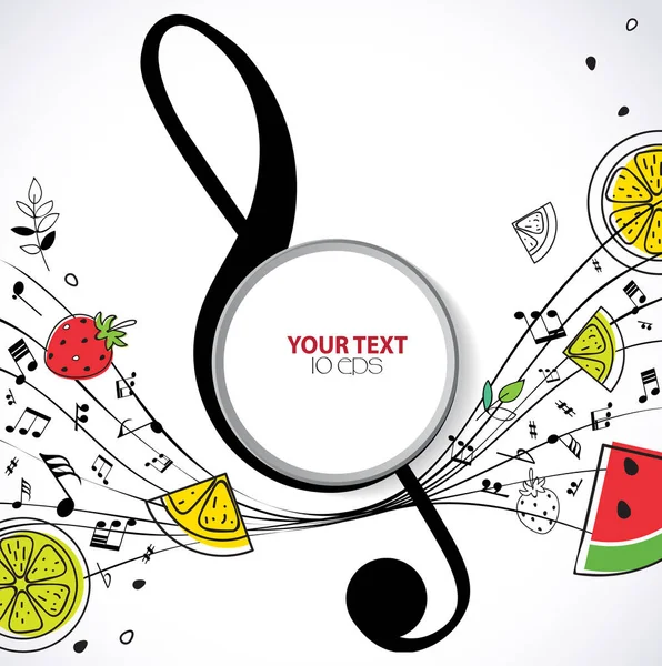 Güzel yaz partisi el ilanı. Müzikal yaz arka plan ile meyve parçaları. Vektör çizim. 
