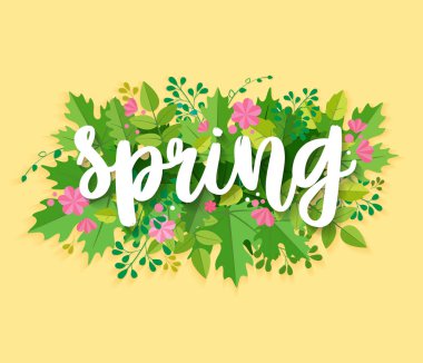 Bahar arka plan ile yeşil yapraklar ve çiçekler. Sezon satılık vektör etiket. Yeşillik yazı. Çiçek illüstrasyon. Bahar poster.