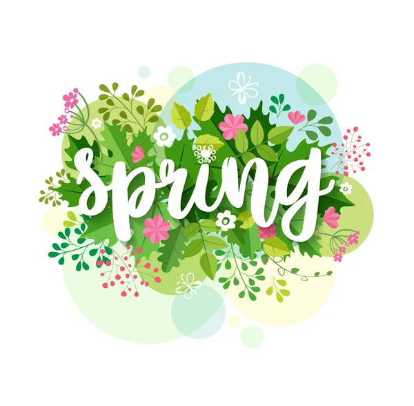 Весна Фон Зелеными Листьями Цветами Сезонная Векторная Этикетка Надпись Листве — стоковый вектор
