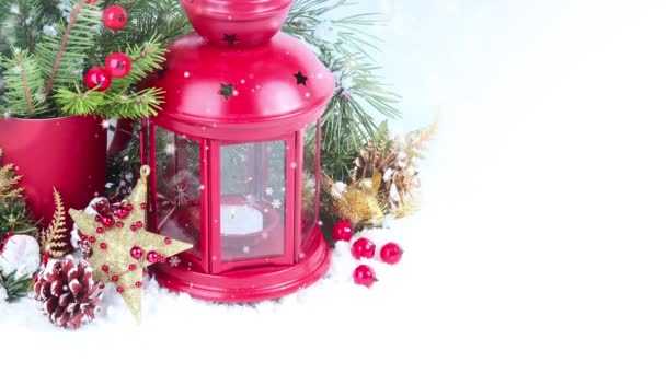 Christmas Background Red Lantern Candles Falling Snow — Stock Video