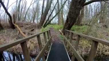 Nehri, ahşap köprü üzerinde yürüyen küçük ahşap köprü üzerinde yürüme 